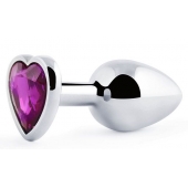 Серебристая анальная пробка с фиолетовым кристаллом-сердечком - 8 см. - Anal Jewelry Plug - купить с доставкой в Новороссийске