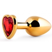 Золотистая анальная пробка с красным стразом-сердечком - 8 см. - Anal Jewelry Plug - купить с доставкой в Новороссийске