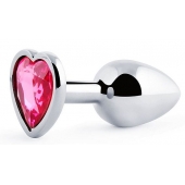 Серебристая анальная пробка с розовым кристаллом-сердечком - 7 см. - Anal Jewelry Plug - купить с доставкой в Новороссийске