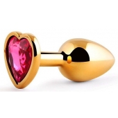 Золотистая анальная пробка с малиновым кристаллом-сердечком - 7 см. - Anal Jewelry Plug - купить с доставкой в Новороссийске
