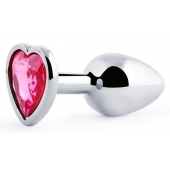 Серебристая анальная пробка с малиновым кристаллом-сердечком - 7 см. - Anal Jewelry Plug - купить с доставкой в Новороссийске