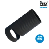 Черная открытая насадка на пенис с кольцом для мошонки XXL-size - 9,4 см. - Sex Expert - в Новороссийске купить с доставкой