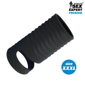 Черная открытая насадка на пенис с кольцом для мошонки XXXL-size - 9,9 см. - Sex Expert - в Новороссийске купить с доставкой
