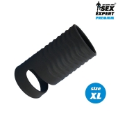 Черная открытая насадка на пенис с кольцом для мошонки XL-size - 8,9 см. - Sex Expert - в Новороссийске купить с доставкой