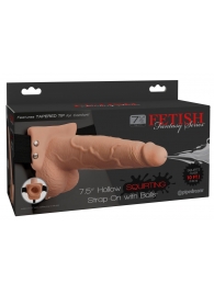 Телесный полый страпон с имитацией эякуляции 7.5  Hollow Squirting Strap-On with Balls Flesh - 21,6 см. - Pipedream - купить с доставкой в Новороссийске