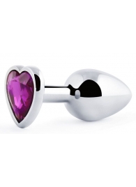 Серебристая анальная пробка с фиолетовым кристаллом-сердечком - 8 см. - Anal Jewelry Plug - купить с доставкой в Новороссийске