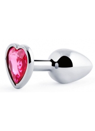 Серебристая анальная пробка с розовым кристаллом-сердечком - 7 см. - Anal Jewelry Plug - купить с доставкой в Новороссийске