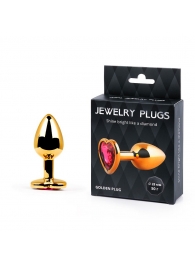 Золотистая анальная пробка с малиновым кристаллом-сердечком - 7 см. - Anal Jewelry Plug - купить с доставкой в Новороссийске
