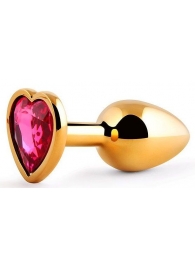 Золотистая анальная пробка с малиновым кристаллом-сердечком - 7 см. - Anal Jewelry Plug - купить с доставкой в Новороссийске