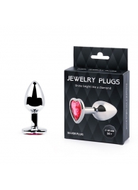 Серебристая анальная пробка с малиновым кристаллом-сердечком - 7 см. - Anal Jewelry Plug - купить с доставкой в Новороссийске