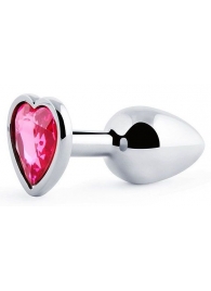 Серебристая анальная пробка с малиновым кристаллом-сердечком - 7 см. - Anal Jewelry Plug - купить с доставкой в Новороссийске