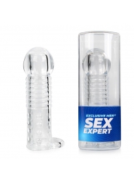 Прозрачная рельефная насадка-реалистик с петлей для мошонки - 13,5 см. - Sex Expert - в Новороссийске купить с доставкой