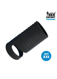 Черная открытая насадка на пенис с кольцом для мошонки XXL-size - 9,4 см. - Sex Expert - в Новороссийске купить с доставкой