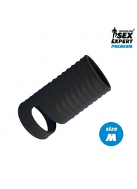 Черная открытая насадка на пенис с кольцом для мошонки size M - 7,9 см. - Sex Expert - в Новороссийске купить с доставкой