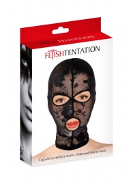 Черная кружевная маска на голову с отверстиями для глаз и рта - Fetish Tentation - купить с доставкой в Новороссийске