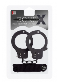 Чёрные наручники из листового металла в комплекте с веревкой BONDX METAL CUFFS LOVE ROPE SET - Dream Toys - купить с доставкой в Новороссийске