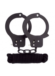 Чёрные наручники из листового металла в комплекте с веревкой BONDX METAL CUFFS LOVE ROPE SET - Dream Toys - купить с доставкой в Новороссийске