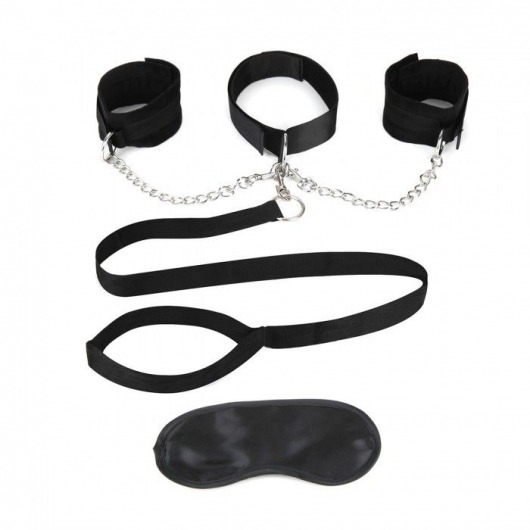 Чёрный ошейник с наручниками и поводком Collar Cuffs   Leash Set - Lux Fetish - купить с доставкой в Новороссийске