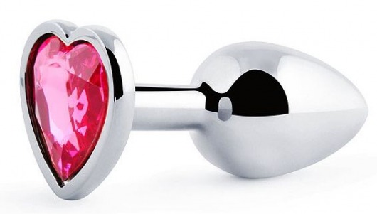 Серебристая анальная пробка с розовым кристаллом-сердечком - 7 см. - Anal Jewelry Plug - купить с доставкой в Новороссийске