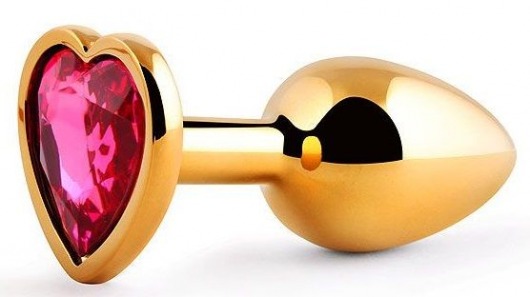 Золотистая анальная пробка с малиновым кристаллом-сердечком - 7 см. - Anal Jewelry Plug - купить с доставкой в Новороссийске
