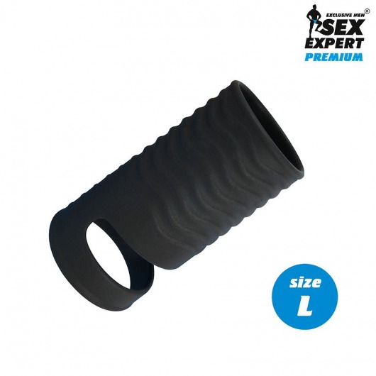 Черная открытая насадка на пенис с кольцом для мошонки L-size - 8,5 см. - Sex Expert - в Новороссийске купить с доставкой