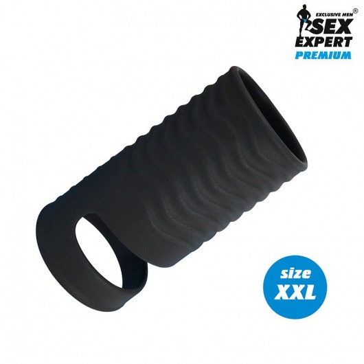 Черная открытая насадка на пенис с кольцом для мошонки XXL-size - 9,4 см. - Sex Expert - в Новороссийске купить с доставкой