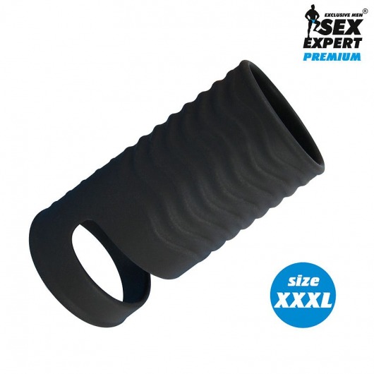 Черная открытая насадка на пенис с кольцом для мошонки XXXL-size - 9,9 см. - Sex Expert - в Новороссийске купить с доставкой