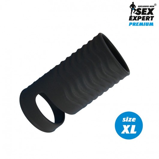 Черная открытая насадка на пенис с кольцом для мошонки XL-size - 8,9 см. - Sex Expert - в Новороссийске купить с доставкой