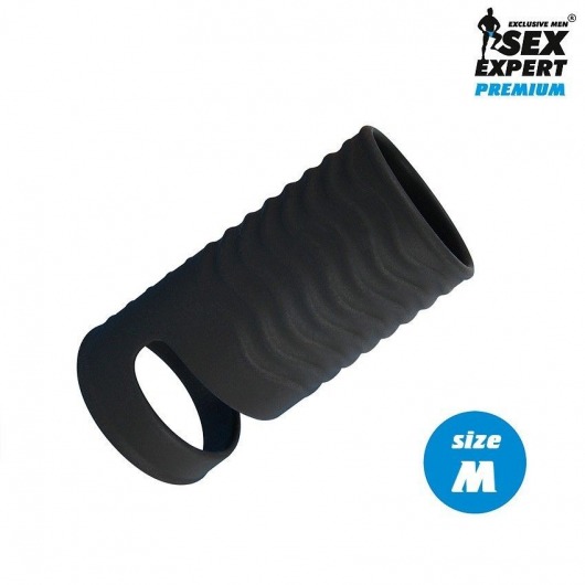 Черная открытая насадка на пенис с кольцом для мошонки size M - 7,9 см. - Sex Expert - в Новороссийске купить с доставкой