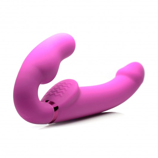 Розовый безремневой страпон с вибрацией и функцией расширения Inflatable Ergo-Fit Strapless Strap-On - XR Brands - купить с доставкой в Новороссийске